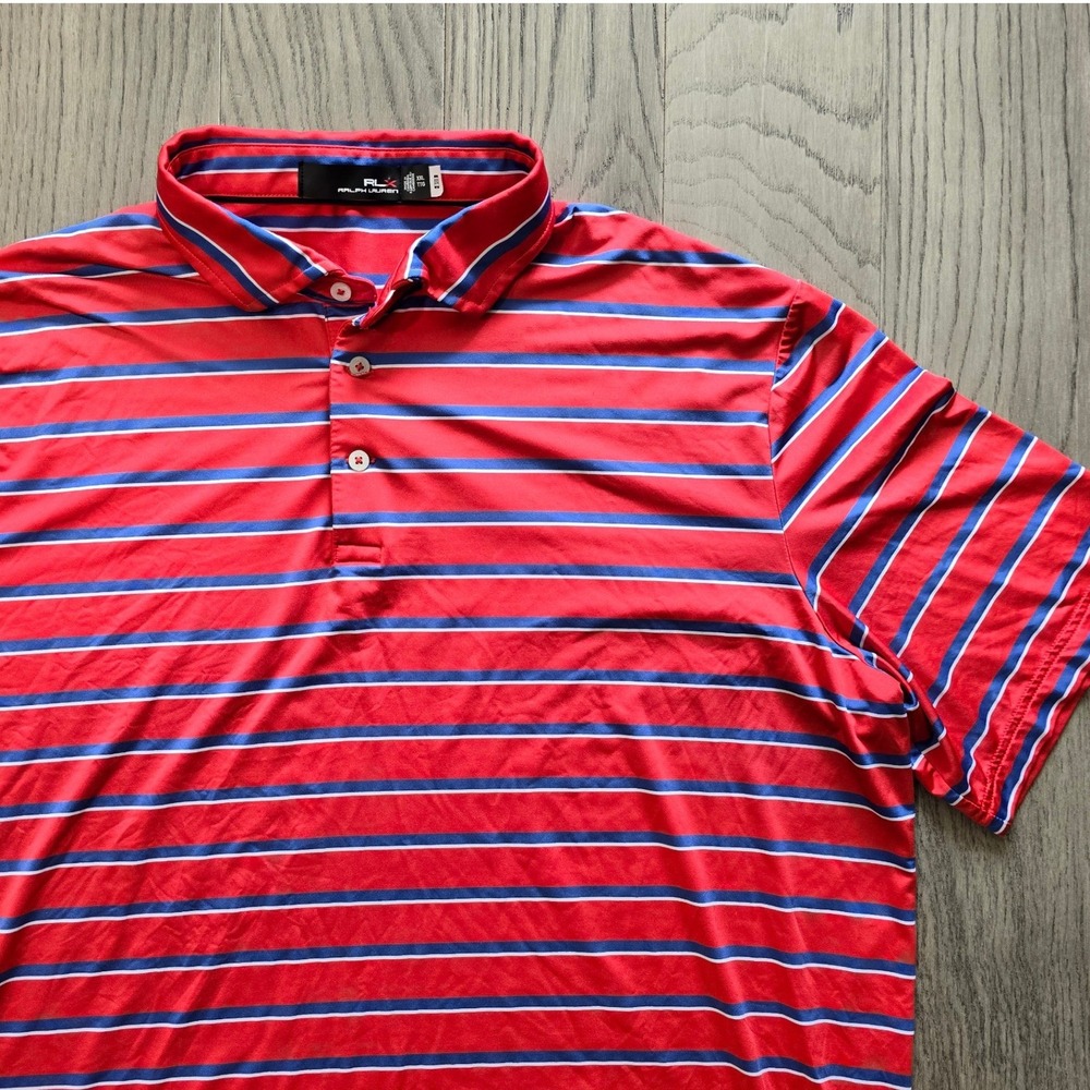 RLX Ralph Lauren Striped Performance Golf Polo Shirt Mens 2XL Red Blue Short Slv